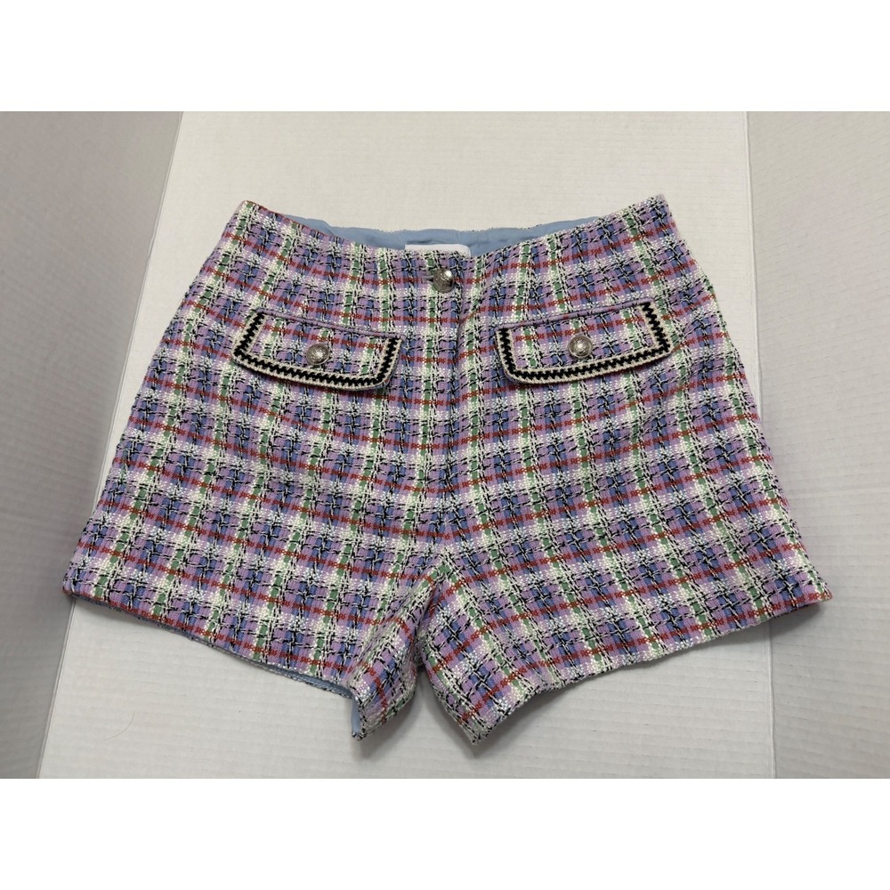 House of Harlow 1960 Purple Plaid Tweed High Waisted Shorts Size 6 Silver Button